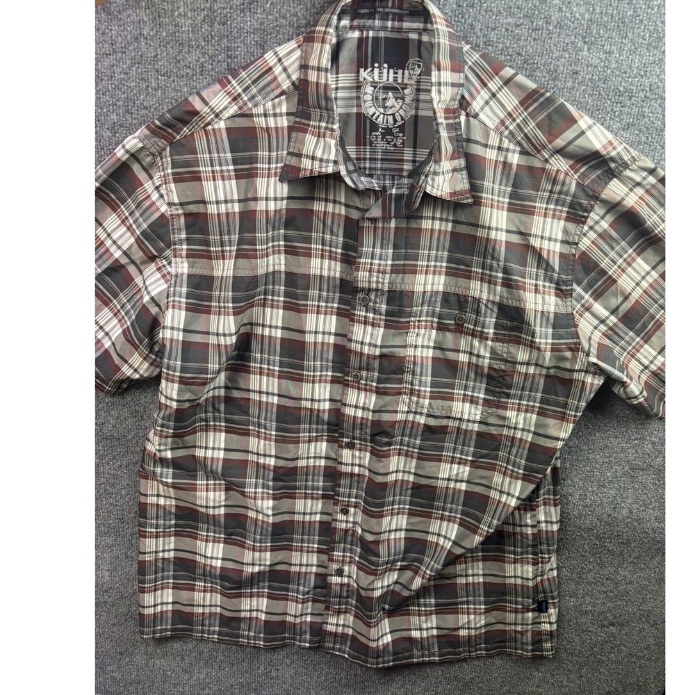 Kuhl Button Down Shirt Mens XXL Brown Plaid Short Sleeve Hiking Outdoor Mountain